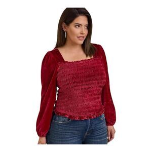Torrid Top Womens 2X Red Velvet Smocked Blouson Sleeve Crop Milkmaid NEW
